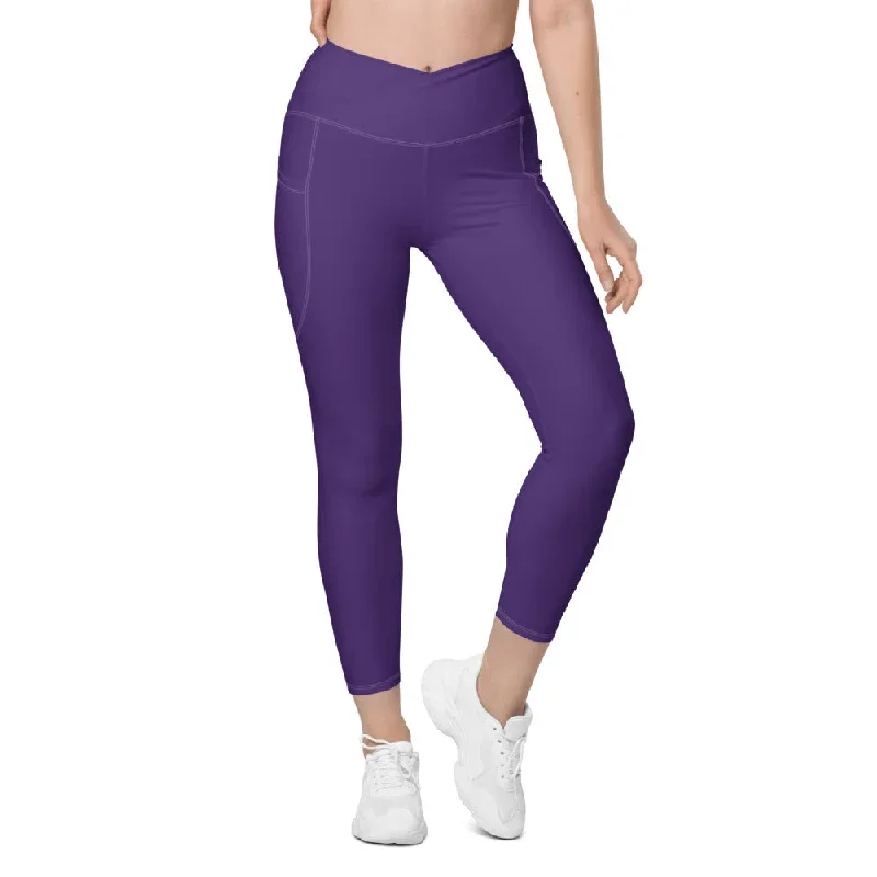 Solid Lavender Crossover Waist Leggings With Pockets