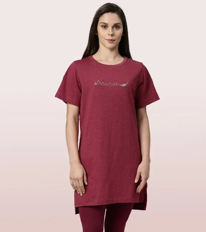 Tunic Tee – Solid | Short Sleeve Tunic Tee With Side Slit & Mindful Graphic