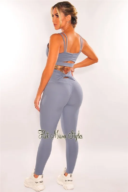 HMS Fit: Dusty Blue Padded Knotted High Waist Butt Lifting Leggings Two Piece Set