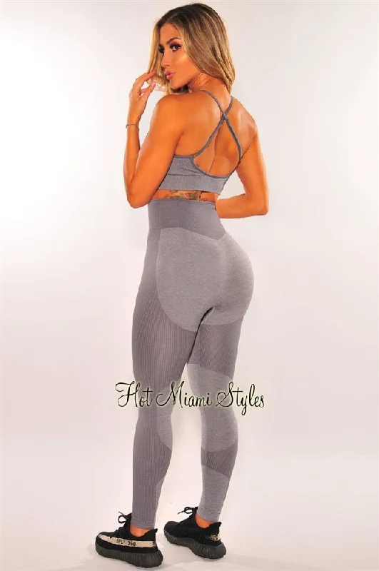 HMS Fit: Gray Seamless Marl Padded High Waist Butt Lifting Leggings Two Piece Set