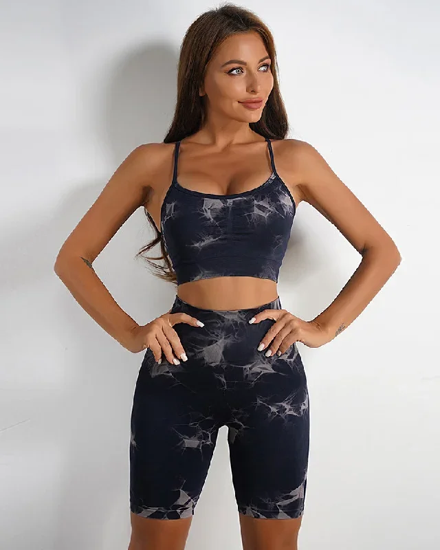 Hot Sale Tie Dye Sling Bra Sports Women Yoga Shorts Sets S-L