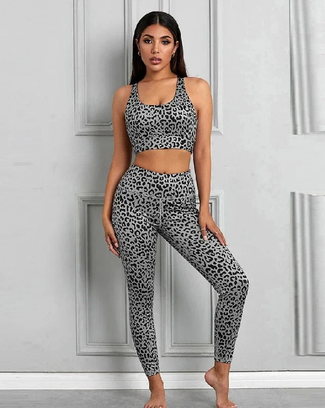 Leopard Print Women Seamless Pants Yoga Set Fitness Sportswear for Women Gym Yoga Suit Sleeveless 2 Piece Yoga Workout Running Clothes OM9269