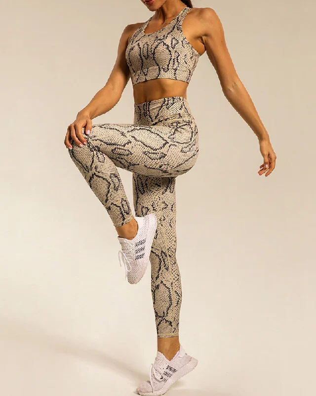 Popular Snake Print Yoga Two-piece Sets White Khaki Deep Gray S-L Pants sets