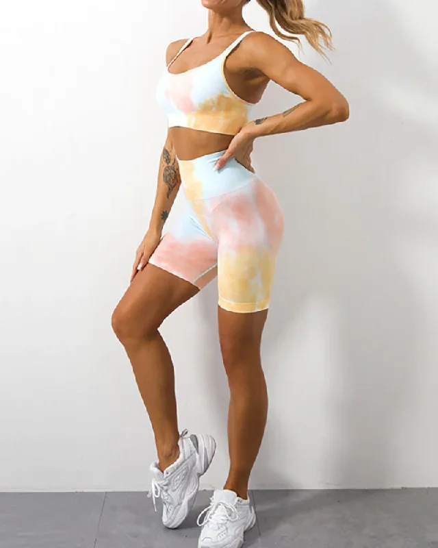 Tie Dye Women Yoga Two-piece Shorts Sets Yellow Blue Purple S-L Shorts Sets